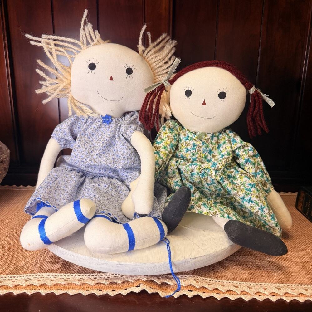 VTG 1980s Handmade Girl Rag Dolls Set Of 2 Hand Sewn Cloth Nostalgic Yarn Hair